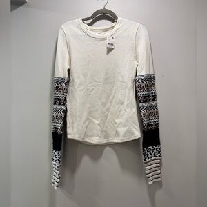 We The Free Cream Waffle Knit Top with Patterned Black & Blush Sleeves